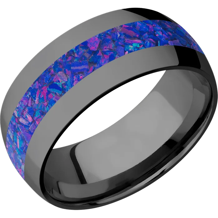 Ladies legacy charm rings -9mm wide Domed Black Titanium Ring with Polish Finish / One 4mm Centered Purple Opal Inlay