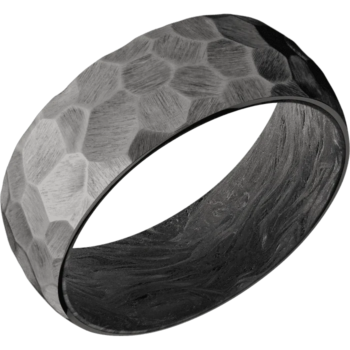 Ladies high sheen rings -8mm wide Domed Darkened Tantalum Ring with Rock Finish / Forged Carbon Fiber Sleeve