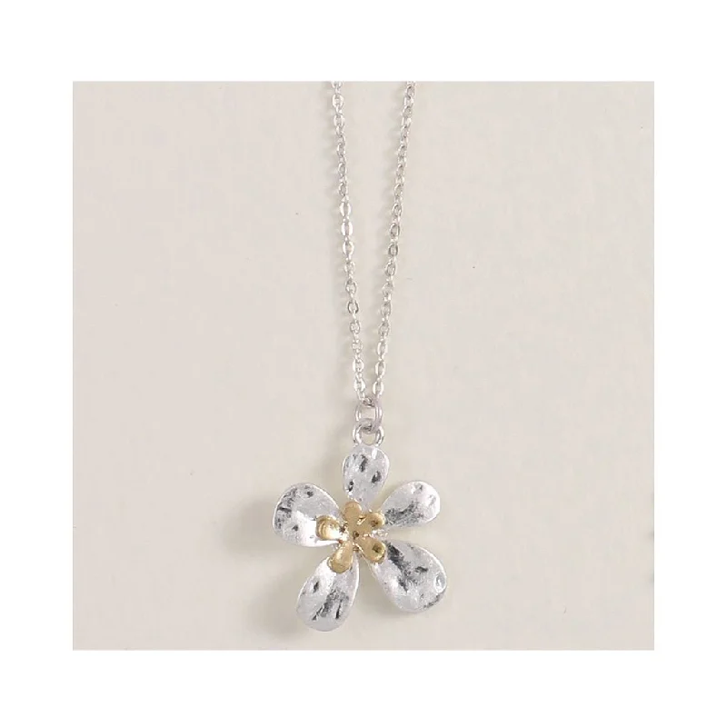 Ladies Necklaces with Grey Pollucite-Periwinkle by Barlow : Two-Tone Hammered Flower  - Necklace