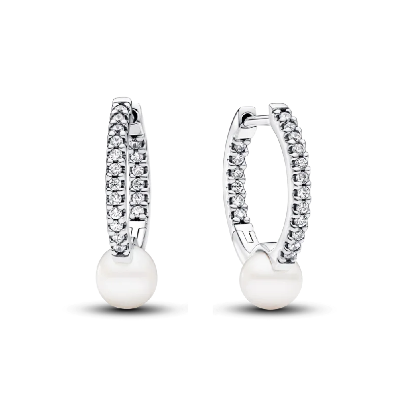 Ladies broad hoop earrings -Treated Freshwater Cultured Pearl & Pavé Hoop Earrings