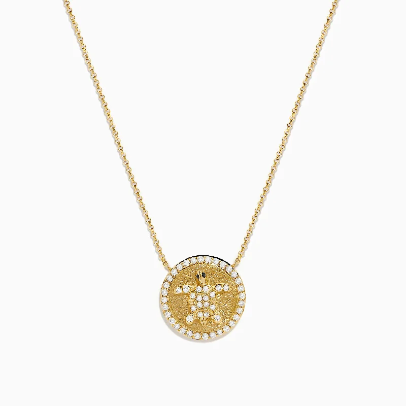 Ladies Necklaces with Violet Amethyst-Seaside 14K Yellow Gold White and Black Diamond Turtle Necklace