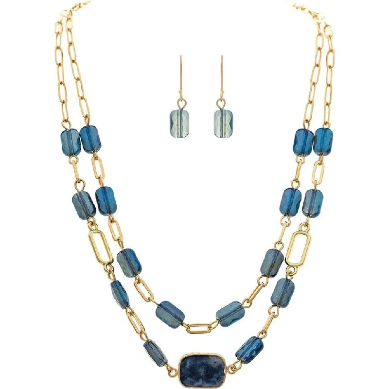 Ladies Necklaces for Love Shine-Rain : Gold Blue Facet Gem Genuine Stone Necklace Set