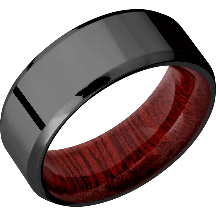 Ladies deco elegance rings -8mm wide Beveled Black Titanium Ring with Polish Finish / Blood Wood Sleeve