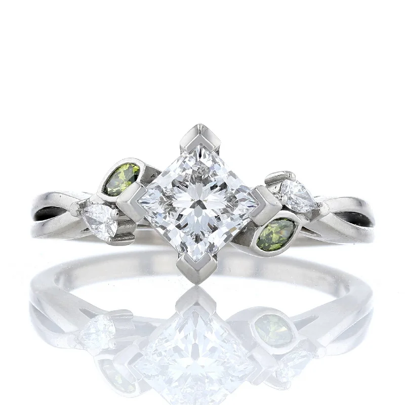 Ladies elegant solitaire wedding rings -Green Diamond & Princess Cut Diamond Engagement Ring