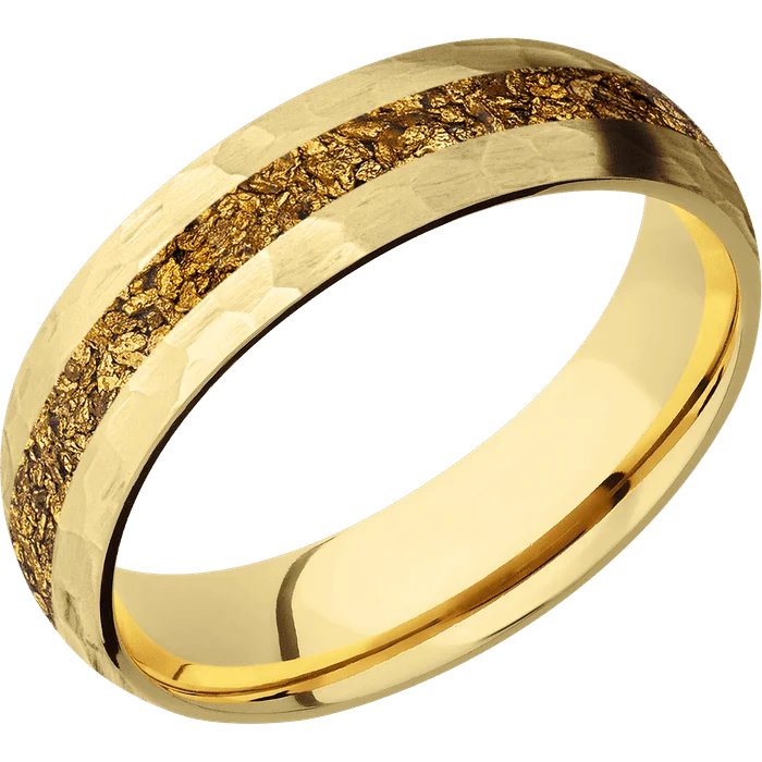 Ladies ocean swirl rings -6mm wide Domed 14k Yellow Gold Ring with Hammer Finish / One 2mm Centered 24k Raw Gold Nugget Inlay