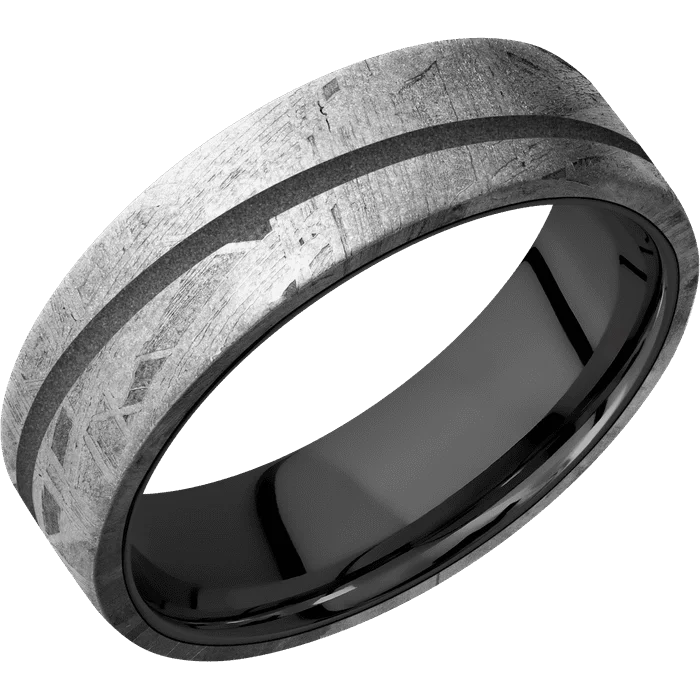 Ladies angular geometric rings -7mm wide Flat Meteorite Ring / One 1mm Angled Gun Metal Grey Cerakote Inlay / Black Zirconium Sleeve