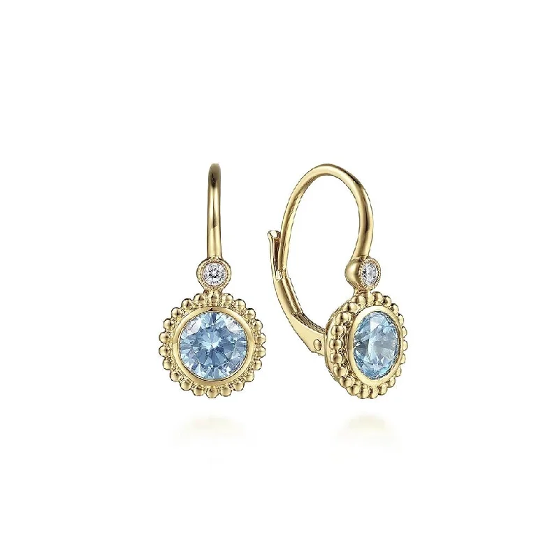 Ladies city beat earrings -Gabriel & Co. 14K Yellow Gold Diamond and Blue Topaz Bujukan Drop Earrings