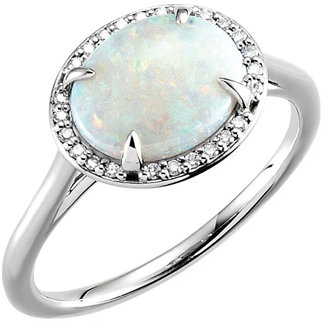 Ladies seaside shell rings -14K Gold Horizontal Oval Australian Opal & .06 CTW Diamond Halo Ring - White, Rose or Yellow