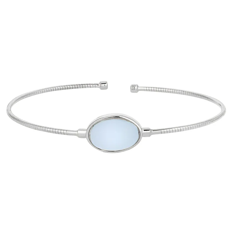 pearl bracelets for women classic look -Rhodium Finish Sterling Silver Rounded Omega Cable Cuff Bracelet with an Oval Light Blue Murano Stone