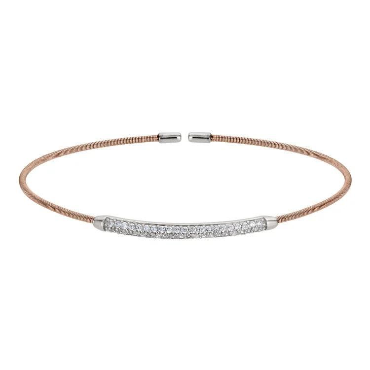 layered bracelets for women trendy -Rose Gold Finish Sterling Silver Single Cable Cuff Bracelet with Rhodium Finish Double Row Simulated Diamonds