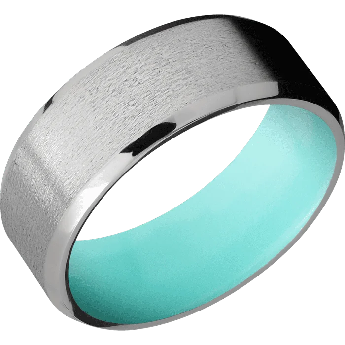 Ladies light touch rings -8mm wide Beveled Titanium Ring with Stone Finish / Robins Egg Blue Cerakote Sleeve