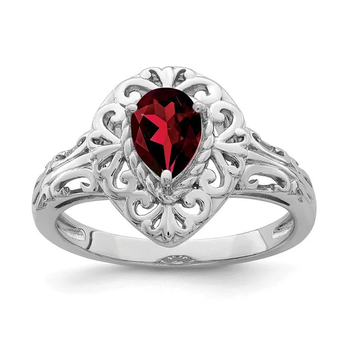 Ladies tender heart rings -Sterling Silver Filigree Garnet Teardrop Pear Ring