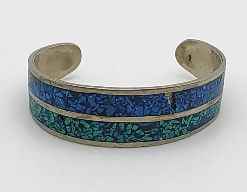 rope design bracelets for women -DAMAGED Vintage Cuff Bracelet with Inlaid Green and Blue Crushed Stone