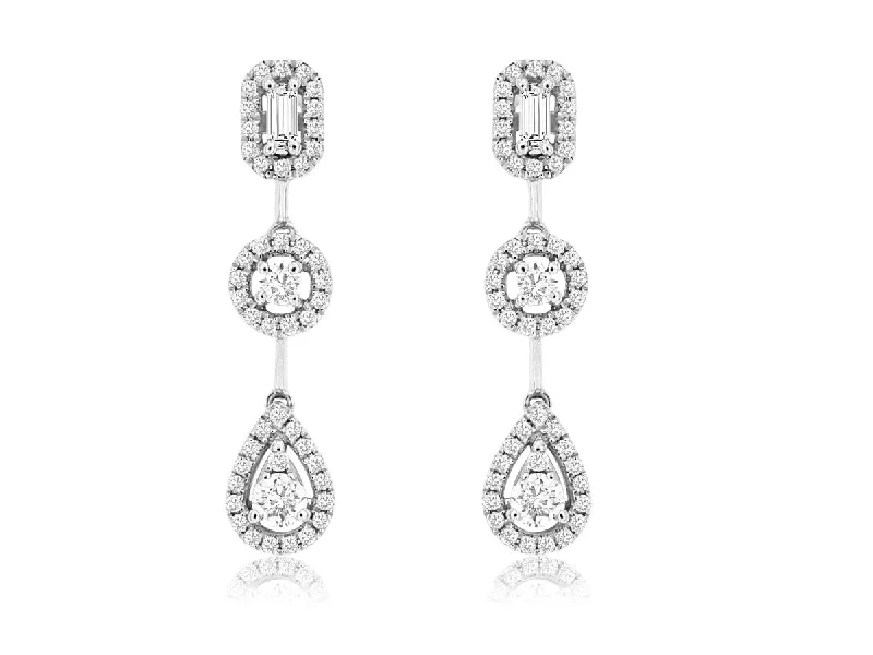 Ladies flowing drop earrings -14k White Gold Roud, Pear and Baguette Shaped Diamond Dangle Earrings