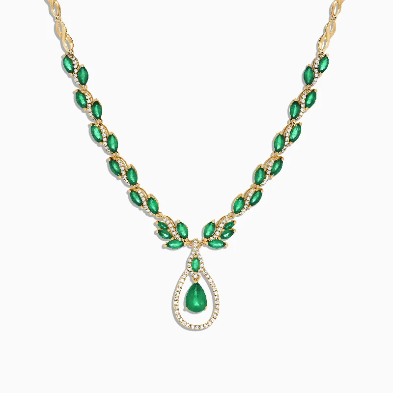 Ladies Necklaces for Work Glow-Brasilica 14K Yellow Gold Emerald and Diamond Necklace, 9.74 TCW