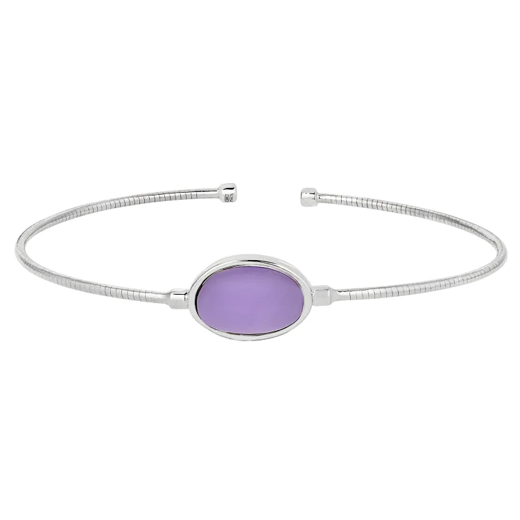 stackable gold bracelets for women -Rhodium Finish Sterling Silver Rounded Omega Cable Cuff Bracelet with an Oval Purple Murano Stone