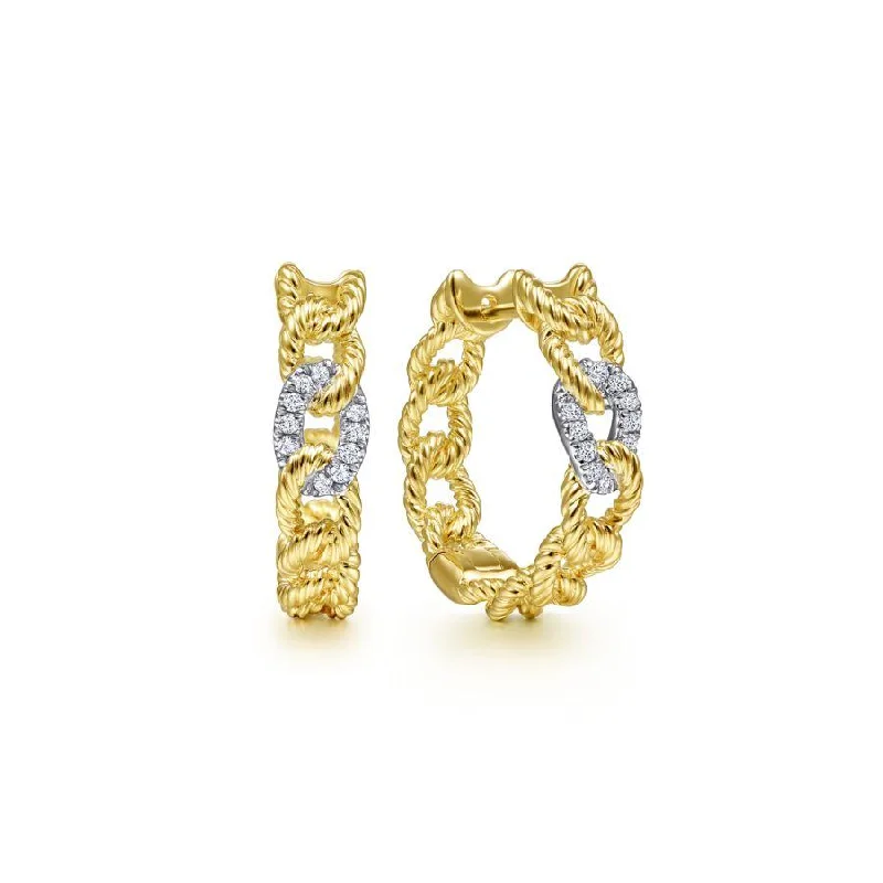 Ladies glistening silver earrings -Gabriel & Co. - EG13955M45JJ - 14K Yellow-White Gold 20mm Twisted Rope Link with Diamond Pave Classic Hoop Earrings