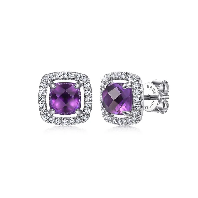 Ladies lavish gold earrings -Gabriel & Co. - EG13960W45AM - 14K White Gold Cushion Cut Amethyst and Diamond Halo Stud Earrings