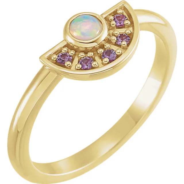 Ladies lush emerald rings -14K Gold Ethiopian Opal & Pink Sapphire Fan Ring