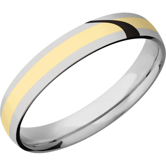 Ladies aged metal rings -4mm wide Domed Titanium Ring with Polish Finish / One 2mm Centered 14k Yellow Gold Inlay with Polish Finish