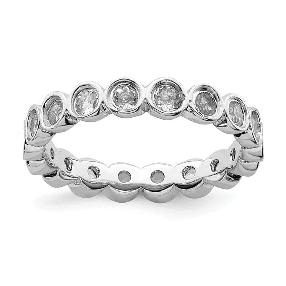 Ladies brilliant crystal rings -Sterling Silver Stackable Expressions Bezel Round White Topaz Eternity Ring