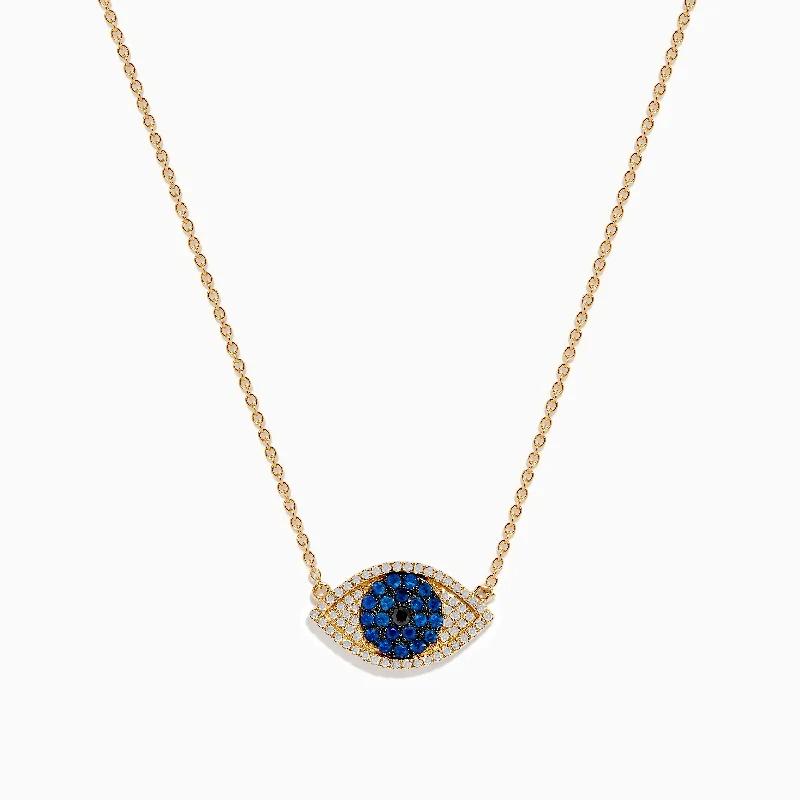 Ladies Necklaces Braided Spark-14K Yellow Gold Blue Sapphire and Diamond Evil Eye Necklace