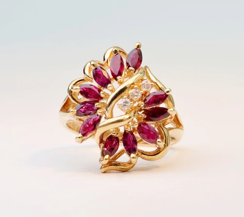 Ladies astrology charm rings -14K yellow gold Ruby/Diamond cocktail ring with  11 Marquise-shaped Rubies and 3 Diamonds