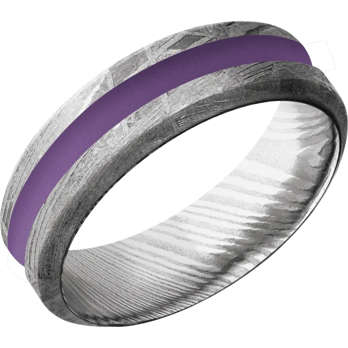 Ladies icy winter rings -7mm wide High Bevel Meteorite Ring / One 2mm Centered Wild Purple Cerakote Inlay / Damascus Steel Sleeve