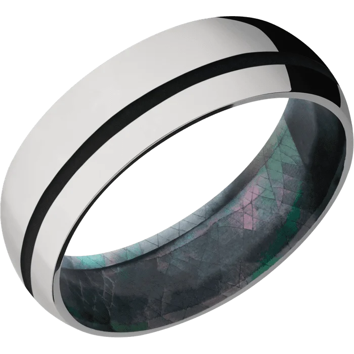 Ladies jet black rings -7mm wide Domed Titanium Ring with Polish Finish / One 1mm Off Center Black Cerakote Inlay / Black Mother of Pearl Sleeve