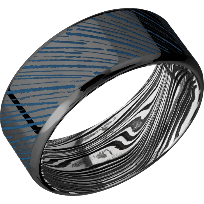 Ladies halo charm rings -9mm wide Beveled Black Zirconium Ring with Polish Finish / Abstract Stripes 2 Design and Ridgeway Blue Cerakote Accents / Marble Damascus Steel Sleeve