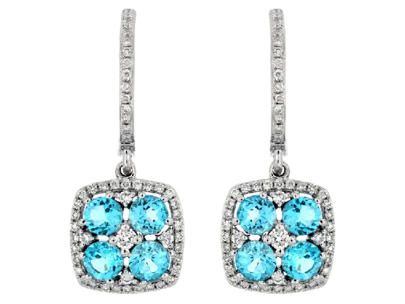 Ladies curated designer earrings -14k White Gold Blue Topaz and Diamond Halo Dangle earrings wc6803b