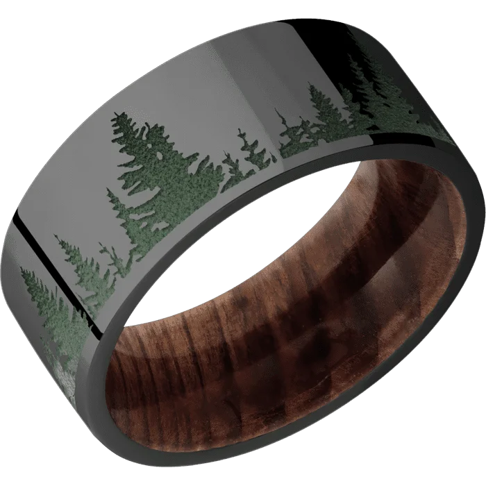 Ladies loving sentiment rings -9mm wide Flat Black Zirconium Ring with Polish Finish / Trees Design and Highland Green Cerakote Accents / Sequoia Sleeve