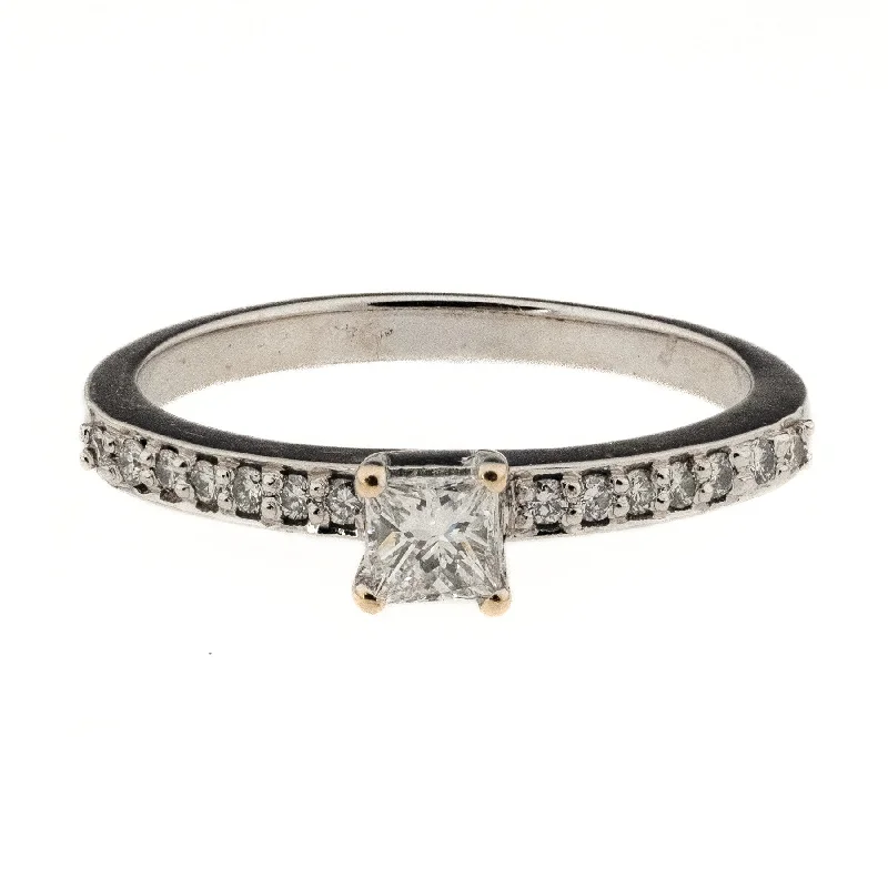 Ladies relaxed vow wedding rings -0.22ct Princess Cut Diamond & Side Accented Engagement Ring in 18K White Gold