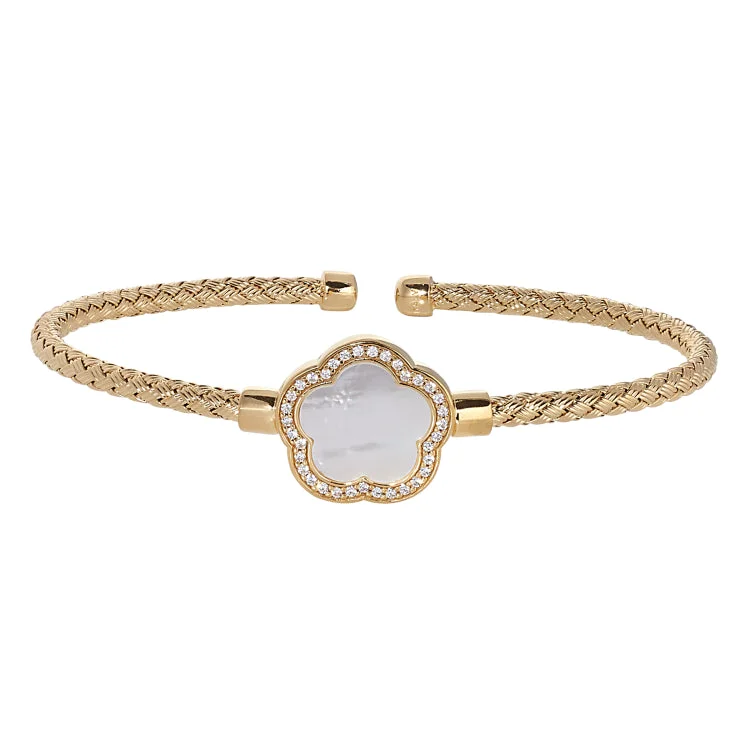 knot design bracelets for women -Gold Finish Sterling Silver Basketweave Cable Cuff  Bracelet with a Flower Shaped MOP Stone and Simulated Diamonds