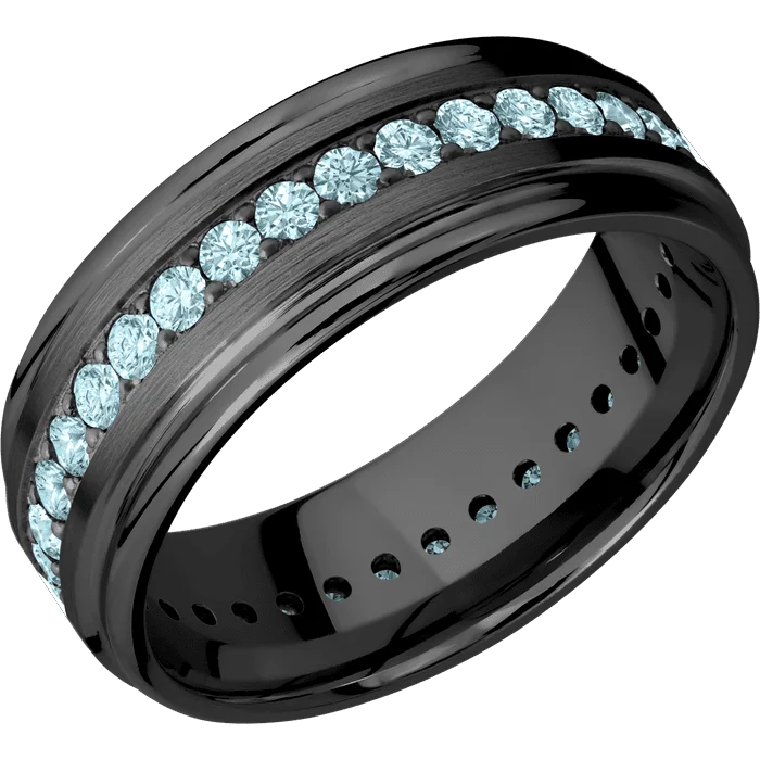 Ladies initial glow rings -8mm wide Flat Rounded Edges Black Titanium Ring with Satin Finish / Eternity Round .03 carat Aqua Diamond Bead-Set Gemstones