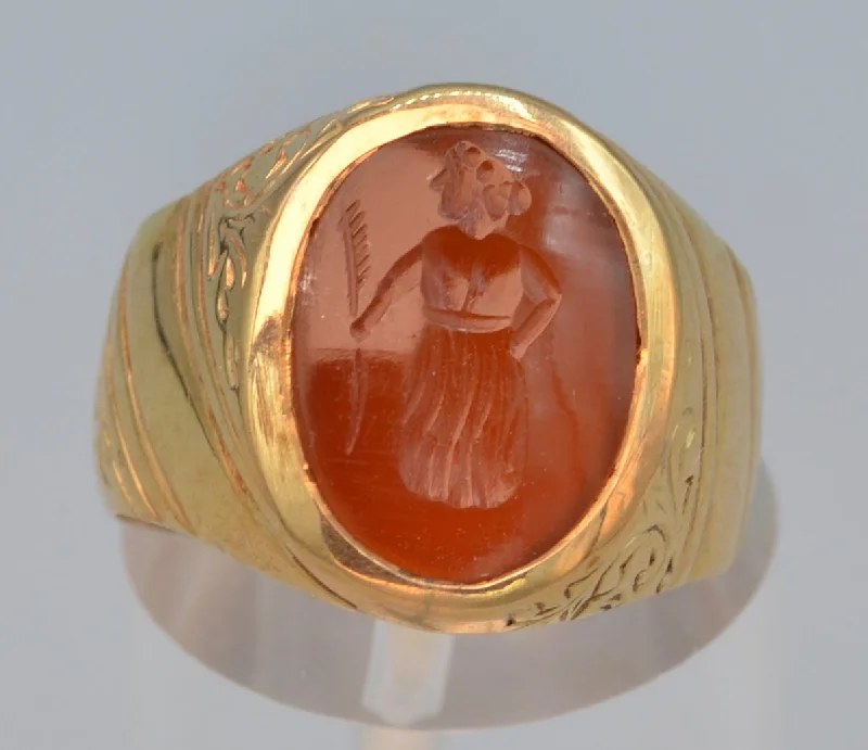 Ladies earthy green rings -14K yellow gold Victorian ring with old Roman Intaglio