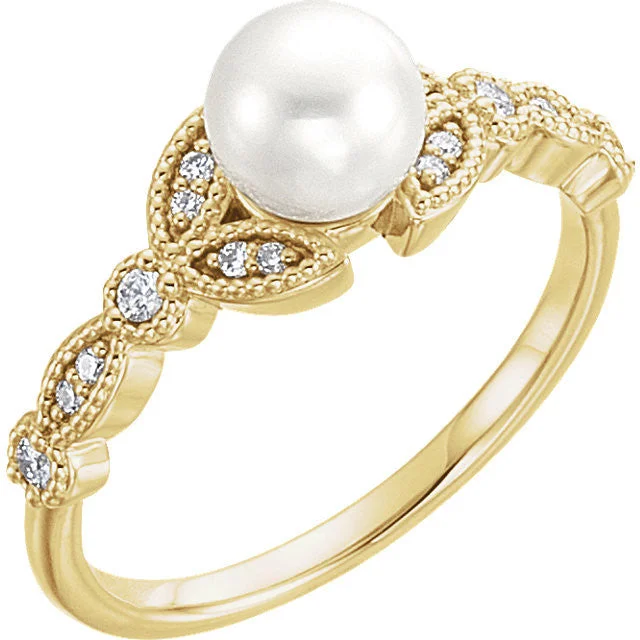 Ladies refined office rings -14K Gold Freshwater Pearl & 1/8 CTW Diamond Leaf Ring