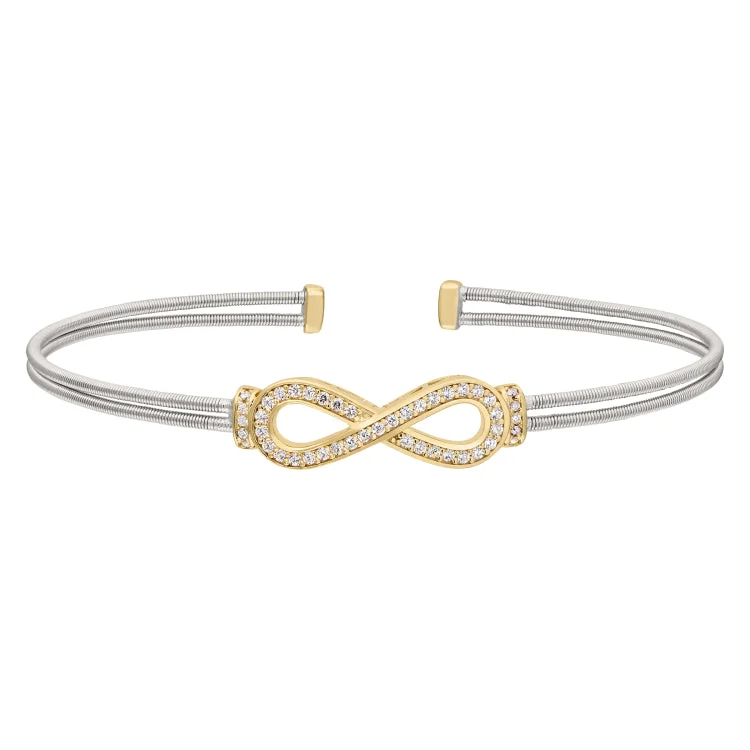 delicate bracelets for women small wrists -Rhodium Finish Sterling Silver Two Cable Cuff Bracelet with Gold Finish Simulated Diamond Figure Eight Eternity