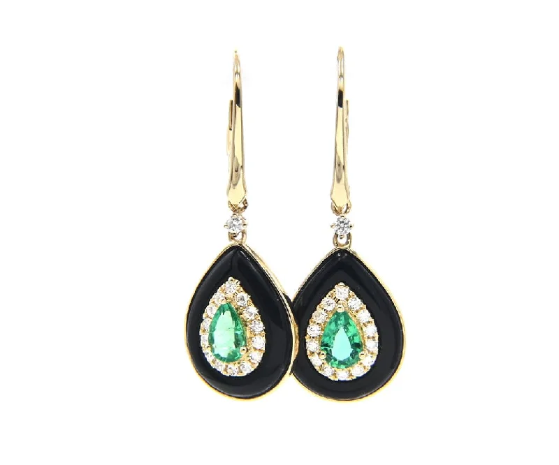 Ladies city beat earrings -New 0.64ctw Pear Emerald 0.30ctw Diamond and Black Onyx Dangle Earrings in 14K