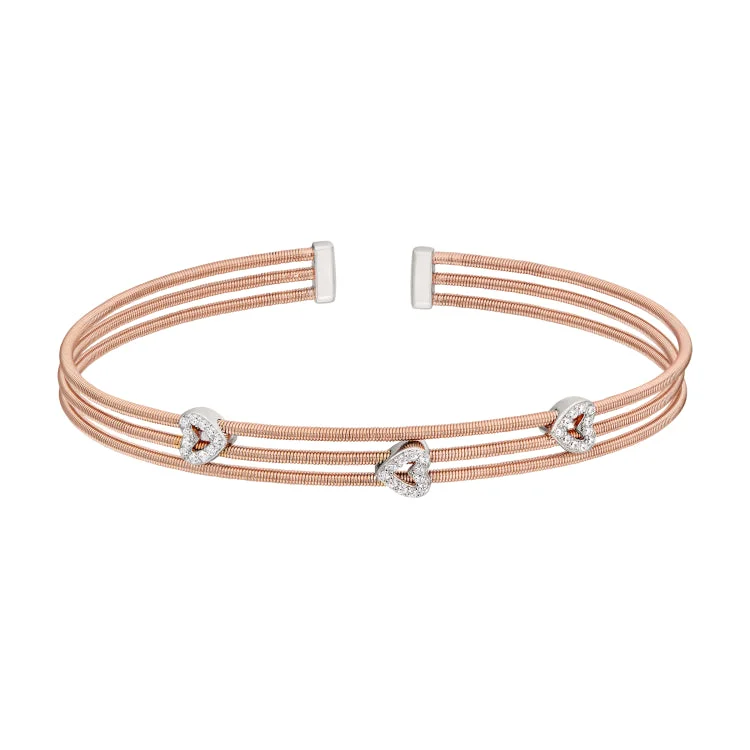 rose gold initial bracelets for women -Rose Gold Finish Sterling Silver Three Cable Cuff Bracelet with Rhodium Finish Simulated Diamond Open Hearts