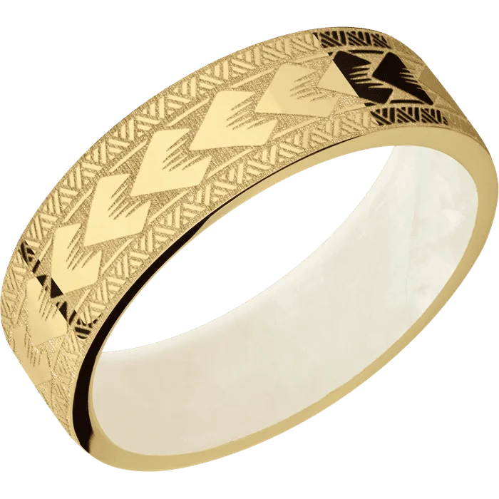 Ladies angular geometric rings -7mm wide Flat 10k Yellow Gold Ring with Polish Finish / Maori Design / Freshwater Mother of Pearl Sleeve