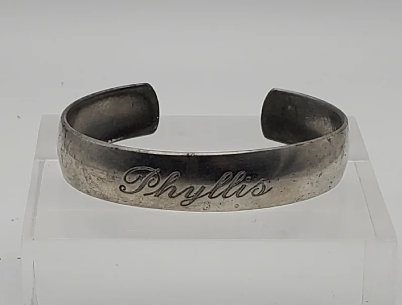 hammered texture bracelets for women -Vintage Raymond Pewter Monogrammed Cuff Bracelet "Phyllis"