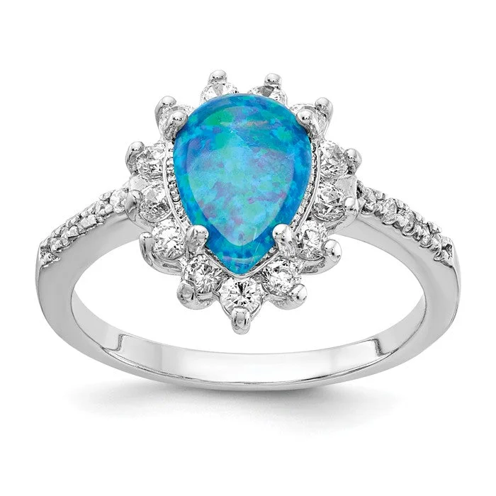 Ladies Victorian bloom rings -Cheryl M Sterling Silver Blue Opal Pear Halo Ring