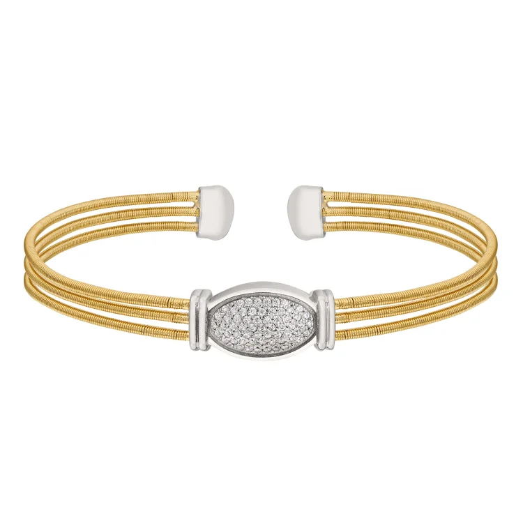 ladies gold bracelets infinity symbol -Gold Finish Sterling Silver Three Cable Cuff Bracelet with Rhodium Finish Simulated Diamond Oval