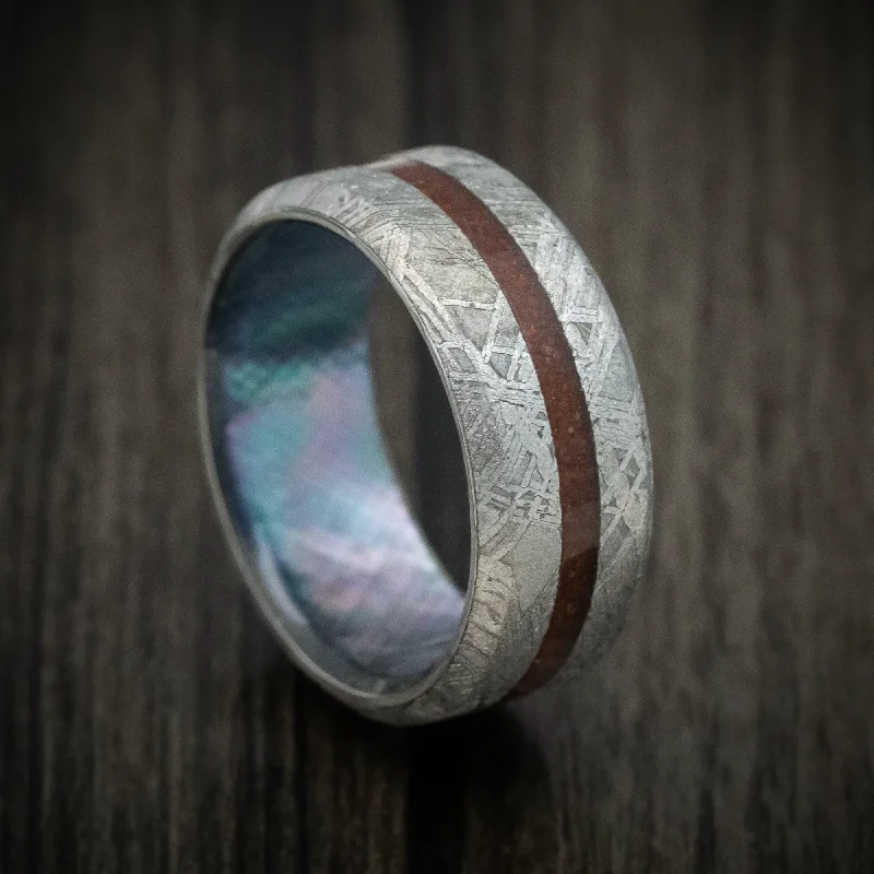 Ladies vintage grace rings -Gibeon Meteorite Ring with Dinosaur Bone Inlay and Abalone Shell Sleeve