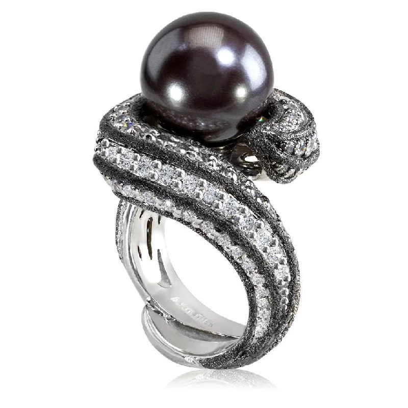 Ladies artistic abstract rings -Gold Twist Ring With Tahitian Pearl & Diamonds