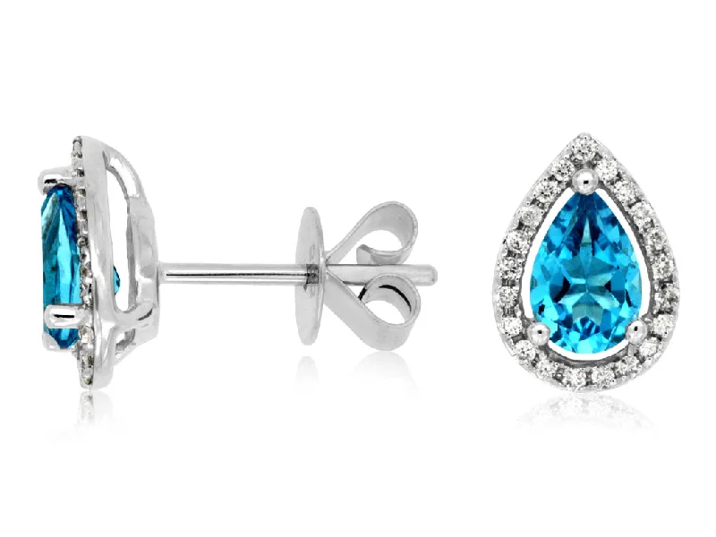 Ladies wildlife charm earrings -14k White Gold Pear Shape Blue Topaz and Diamond halo earrings