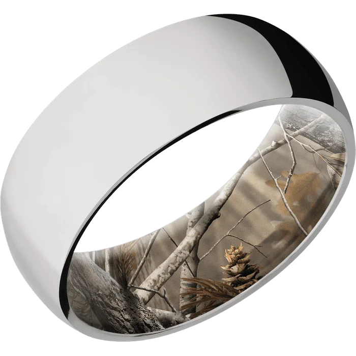 Ladies rosy gold rings -8mm wide Domed Titanium Ring with Polish Finish / RealTree AP Camo Sleeve