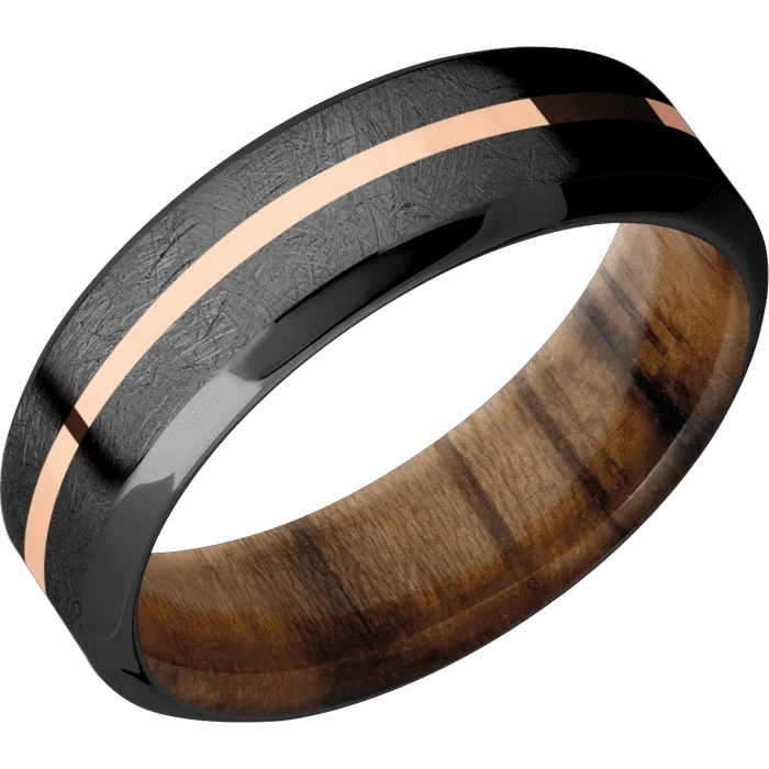 Ladies aged metal rings -7mm wide High Bevel Black Titanium Ring with Distressed Finish / One 1mm Centered 14k Rose Gold Inlay with Polish Finish / Teak Sleeve