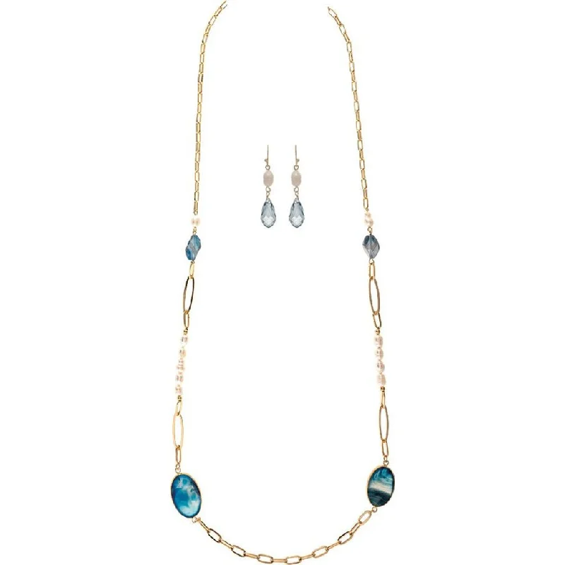 Ladies Necklaces with Grey Labradorite-Rain : Gold Fresh Water Pearl Black Onyx Long Necklace Set